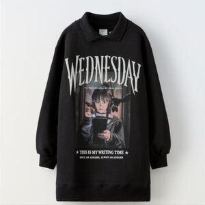 Zara Wednesday Addams Family Girls Sweatshirt Dress Black Collar Size 8-9/130 Cm